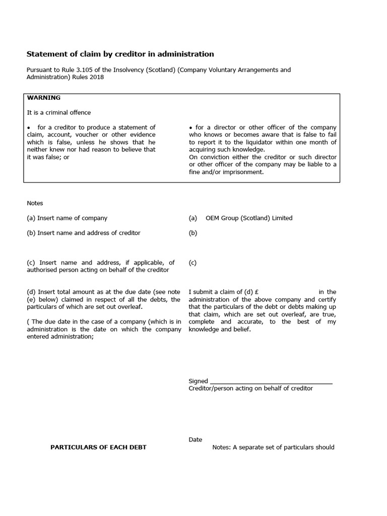 Creditor Claim Statement in Administration | PDF | Creditor | Debt
