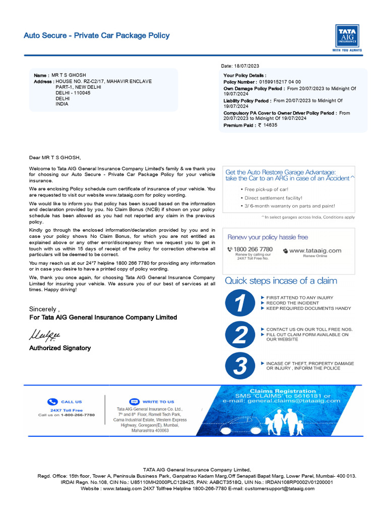 Tata AIG Motor Policy Schedule - 3184 - 0159915217-04 | PDF | Insurance ...