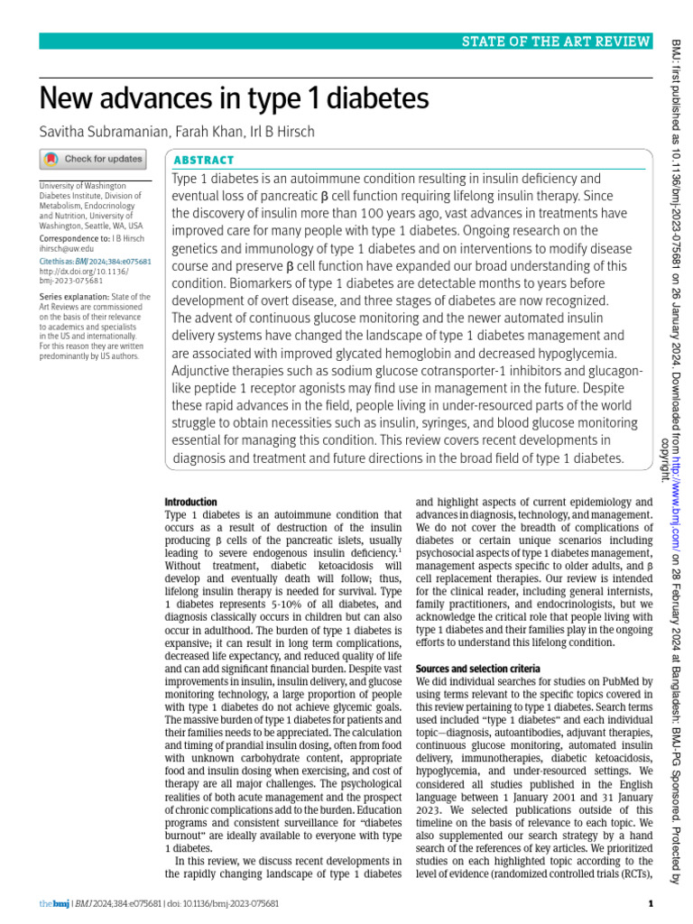 Advances in Type 1 Diabetes Management | PDF | Diabetes | Disorders Of ...