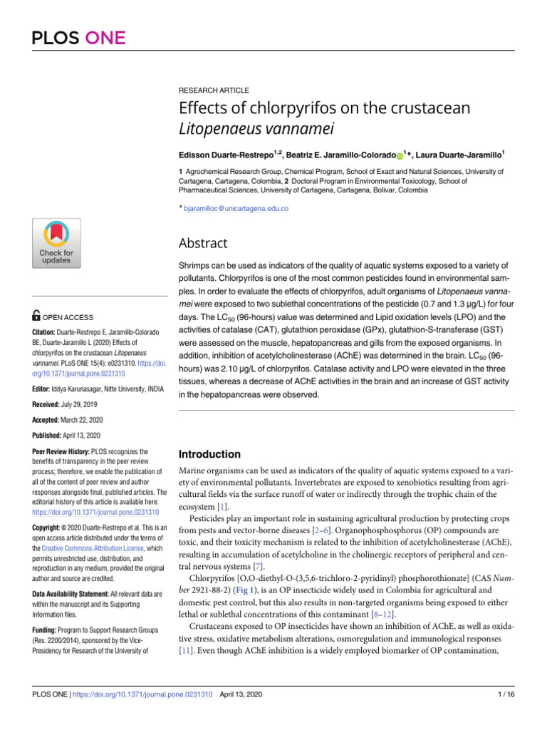 Effects of Chlorpyrifos On The Crustacean Litopena | PDF | Glutathione ...