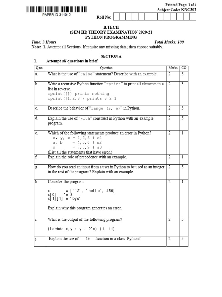 Python KNC302 2020-21 AKTU QPaper | PDF | Python (Programming Language ...