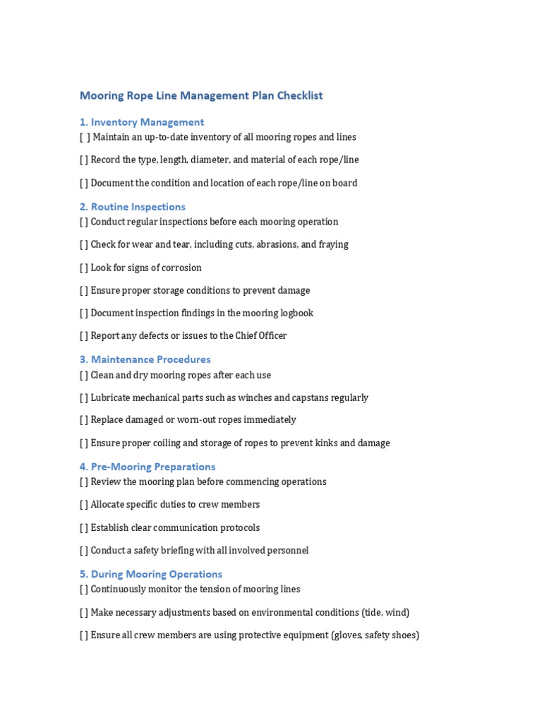 Mooring Rope Line Management Checklist | PDF | Rope | Safety