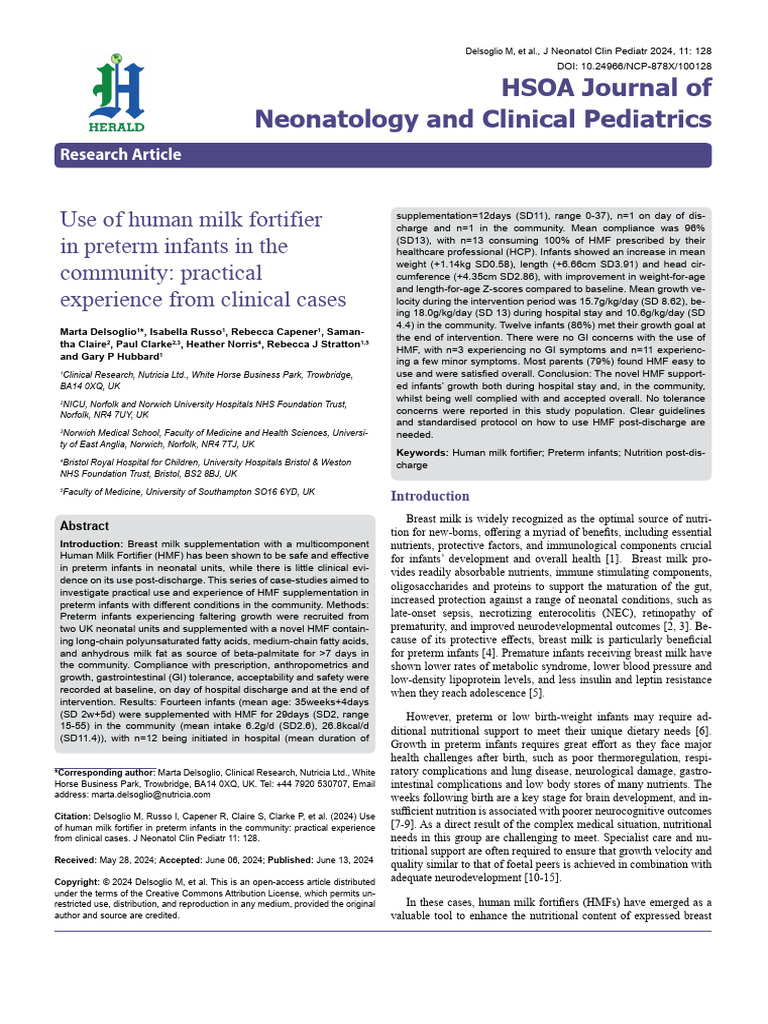 Use of Human Milk Fortifier in Preterm Infants in The Community ...