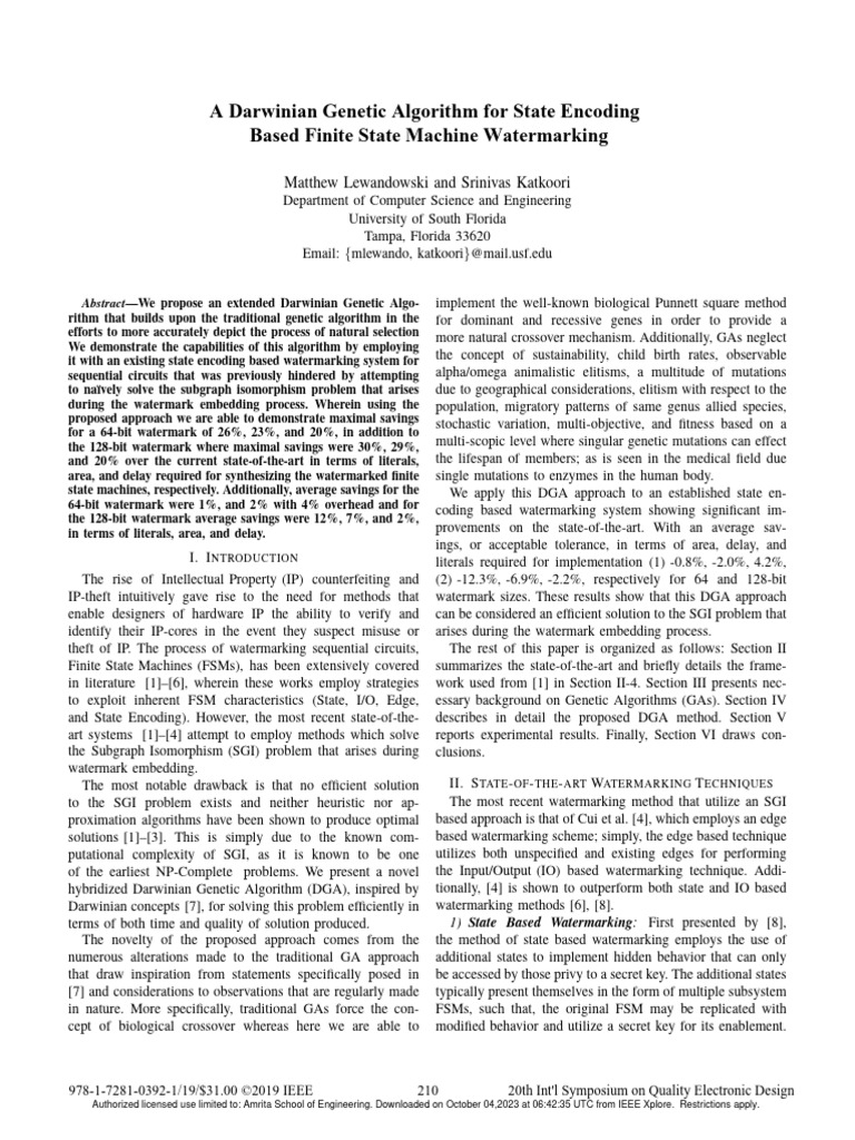 Genetic Algorithm for FSM Watermarking | PDF | Genetic Algorithm ...