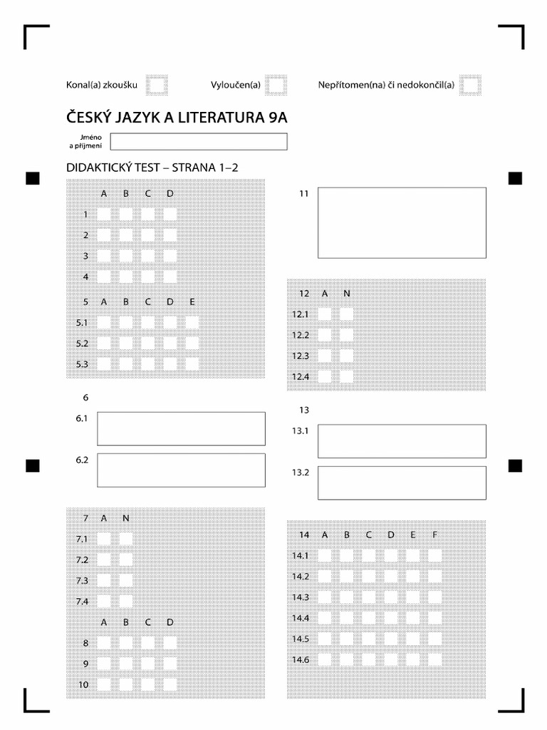 Přijímačkový Test - Český Jazyk - 25. - Záznamový Arch | PDF