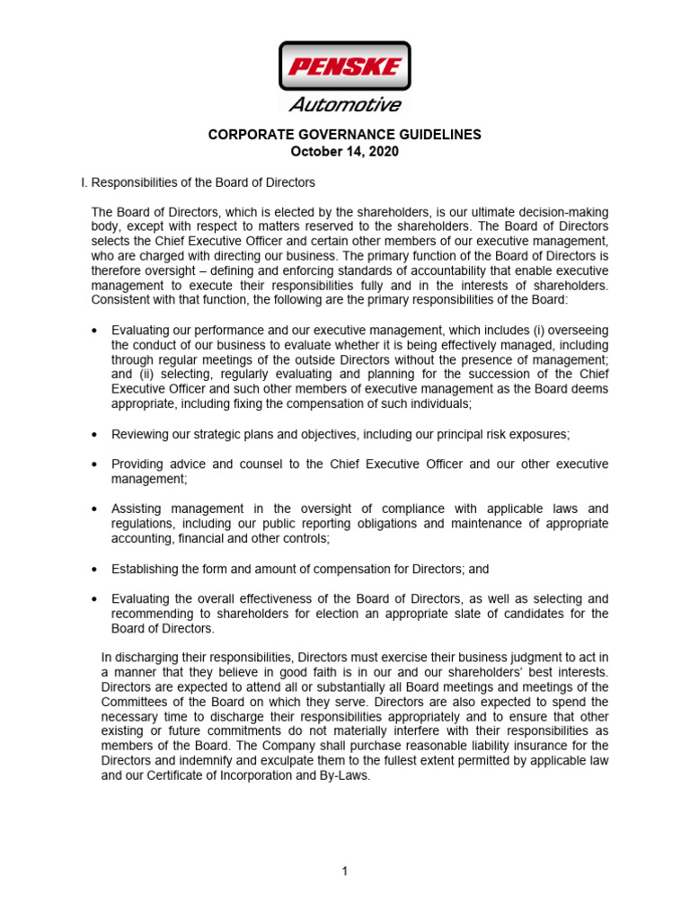 Corporate Governance Guidelines Overview | PDF | Board Of Directors ...