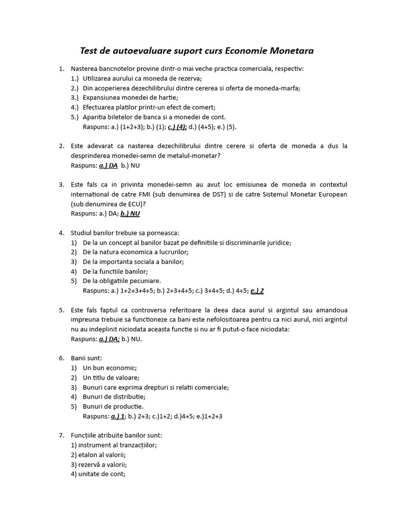 Test de Autoevaluare Suport Curs Economie Monetara | PDF