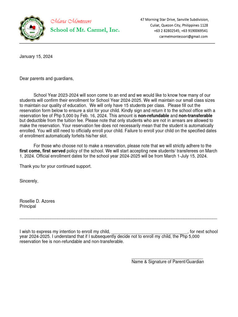 Reservation Letter PDF