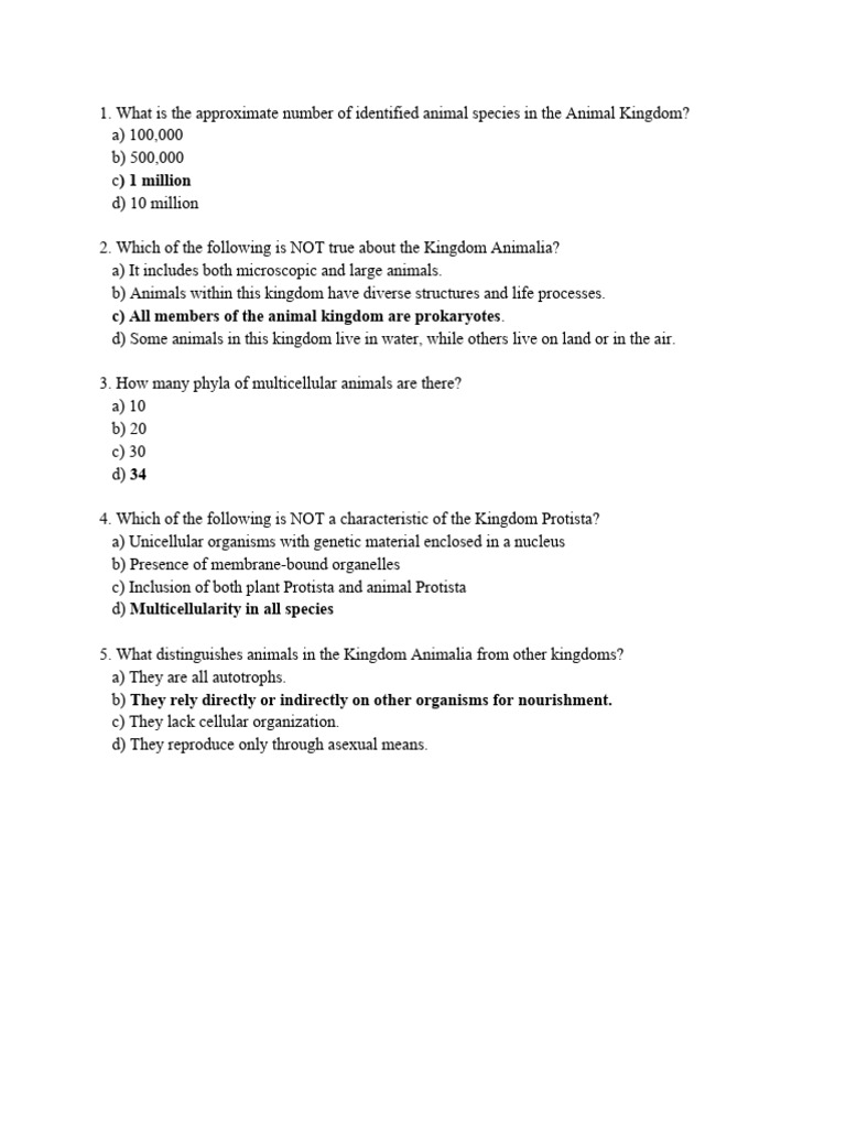 Animal Diversity Questions PDF