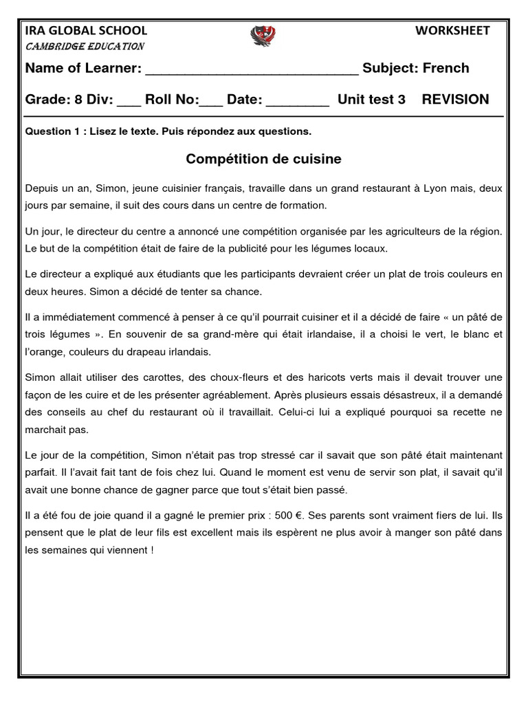 Révision de français pour la 8e année | PDF | Cuisine | Nourritures