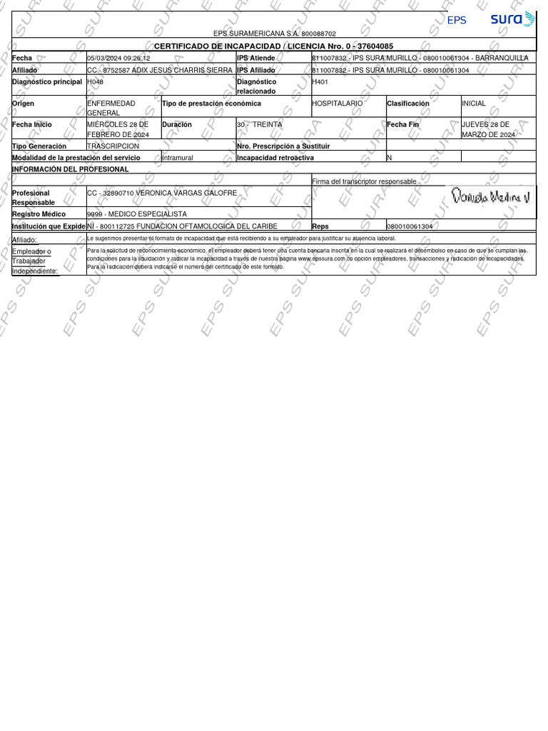 Certificado de Incapacidad EPS SURA | PDF
