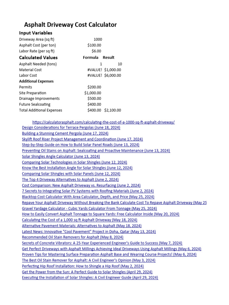 Asphalt Driveway Cost Calculator | PDF | Road Surface | Roof