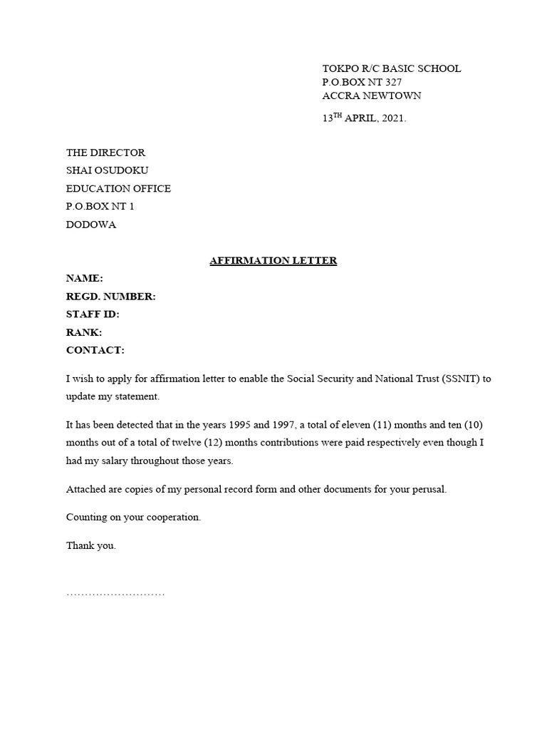 Affirmation Letter for SSNIT Update | PDF