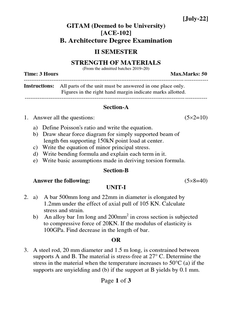 ACE-102 Strength of Materials Exam | PDF | Bending | Stress (Mechanics)