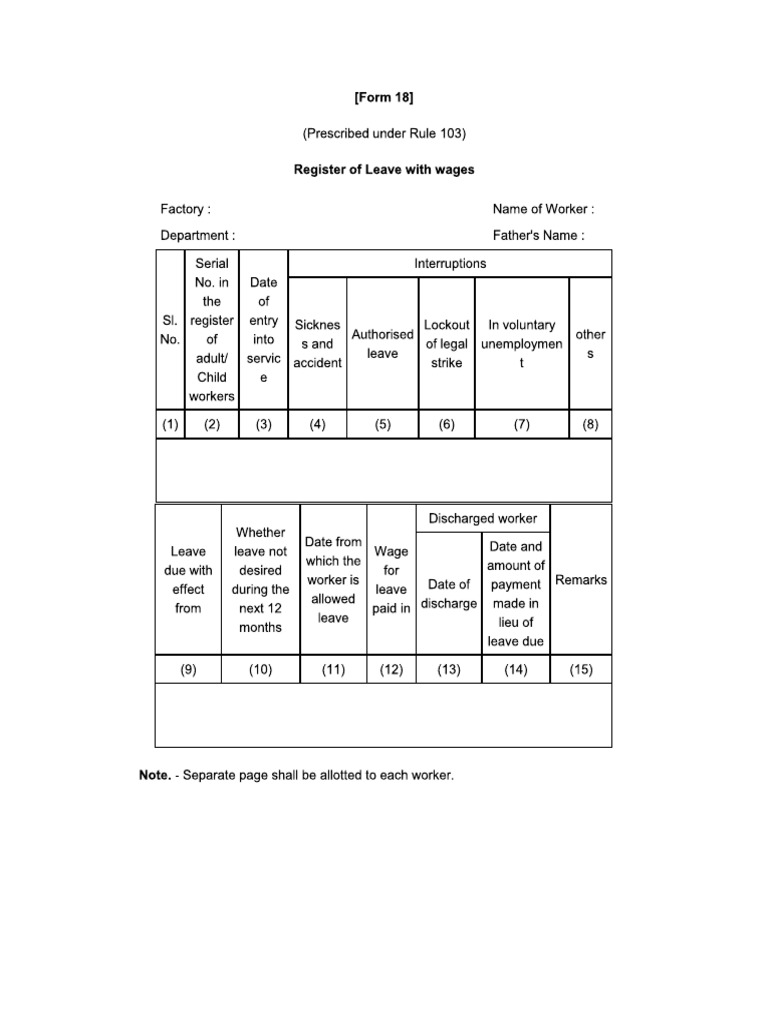 Form 18 - Register of Leave With Wages | PDF