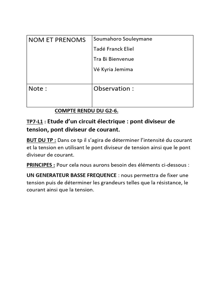 Compte Rendu TP : Pont Diviseur Tension | PDF | Tension électrique ...