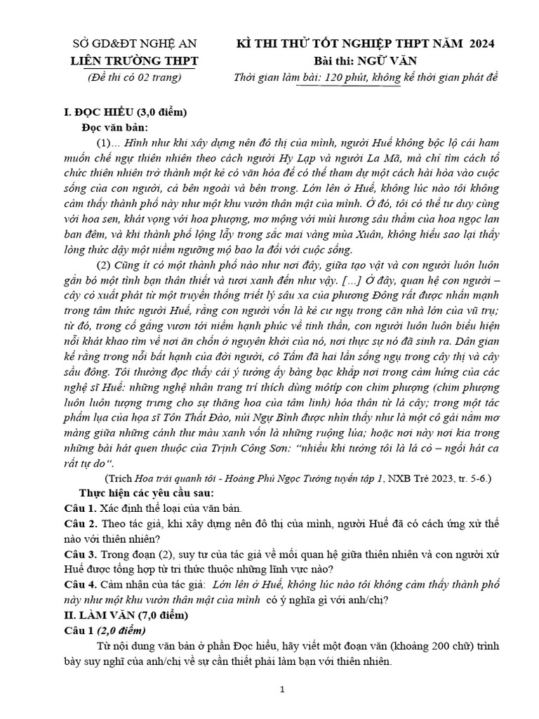 Mon Van de DA Thi Thu TNTHPT 2024 Lan 1 Lien Truong THPT NA d0d14 | PDF
