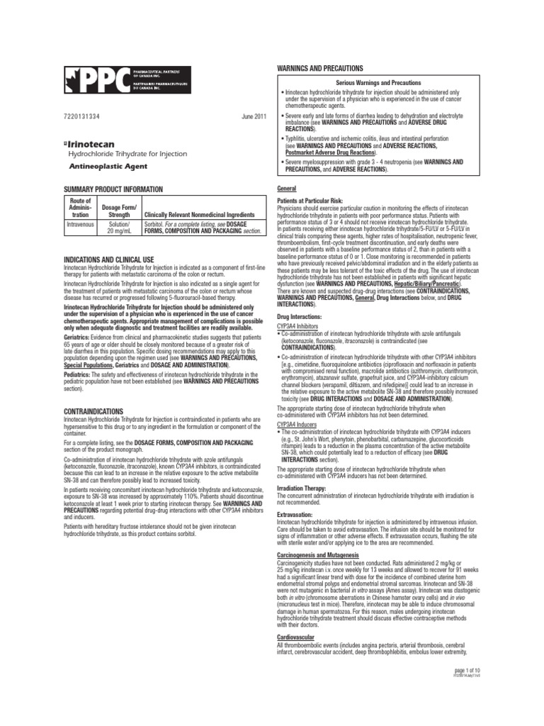 Irinotecan Package Insert Canada | PDF | Dose (Biochemistry) | Chemistry