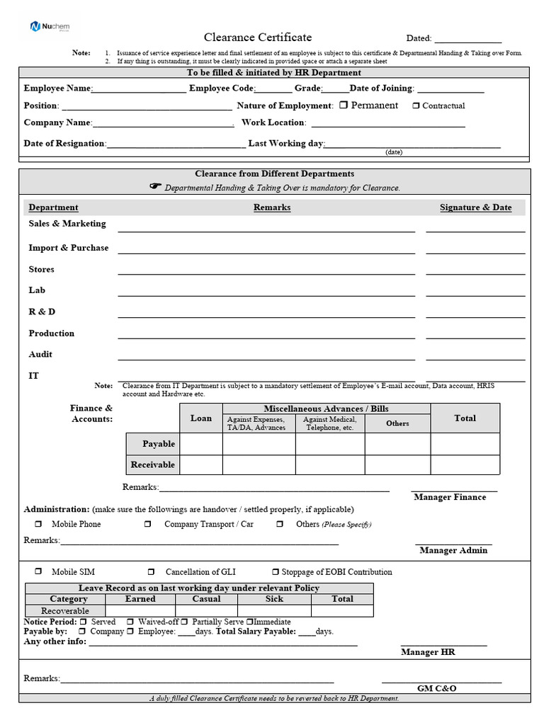 Clearance certificate pdf business
