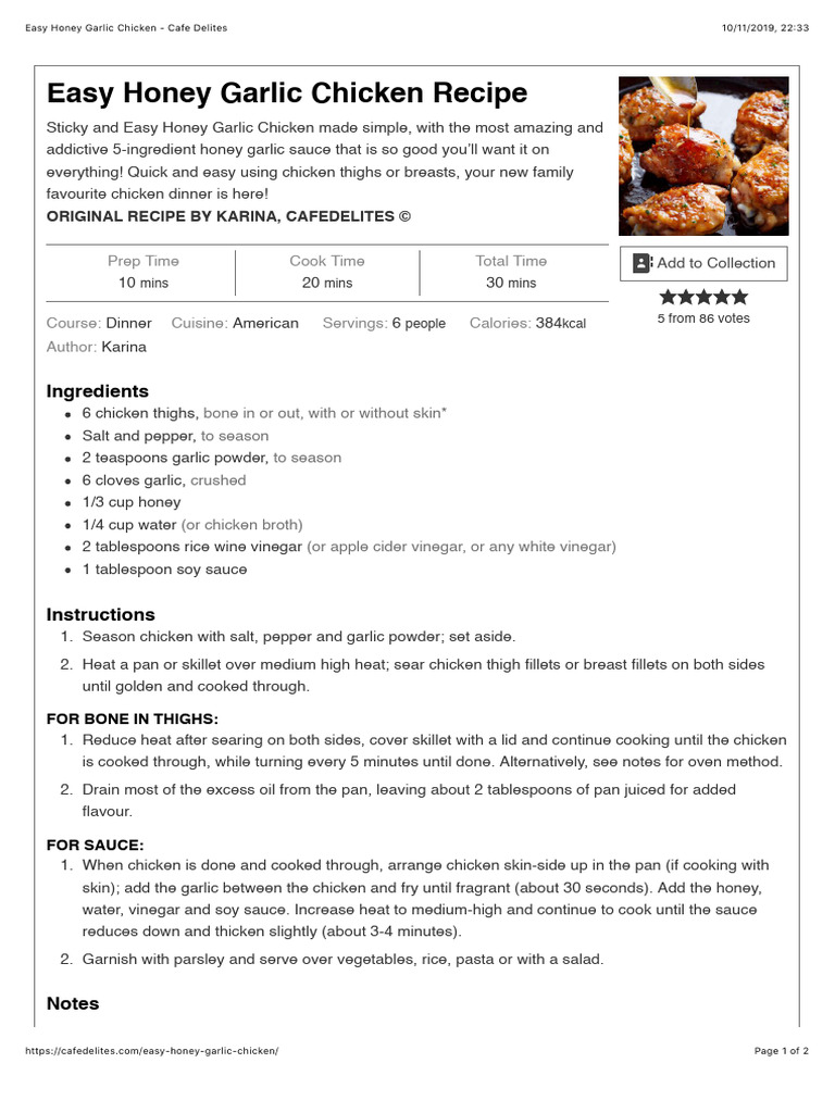 Easy Honey Garlic Chicken - Cafe Delites | PDF | Garlic | Sauce