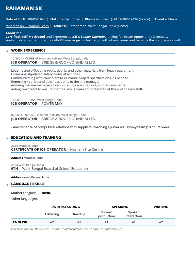 JCB Operator CV for Overseas Opportunities | PDF