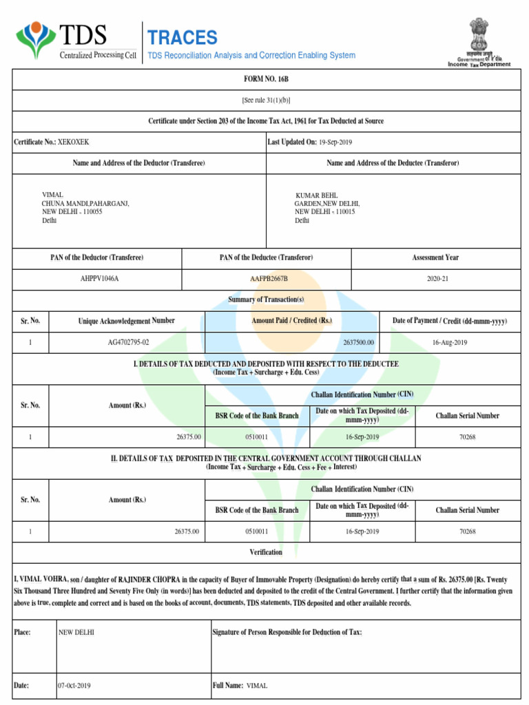 Vimal Tds Certificate For Teachoo Upload | PDF | Taxes | Fee
