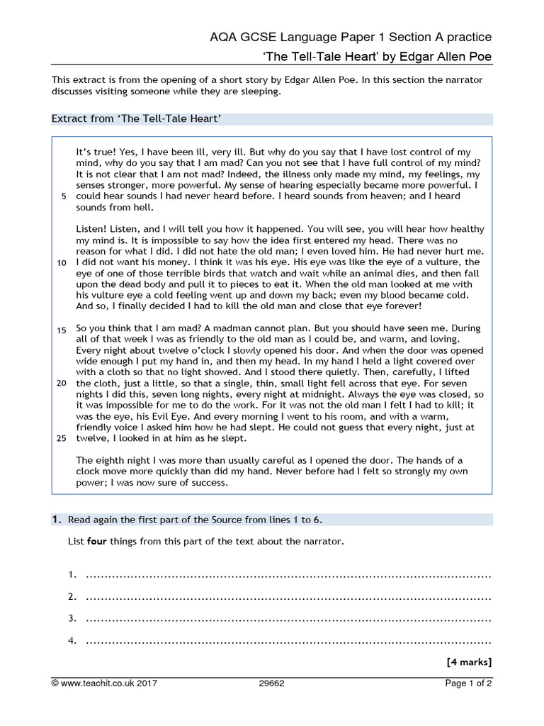 AQA GCSE Language: Poe's Tell-Tale Heart Analysis | PDF