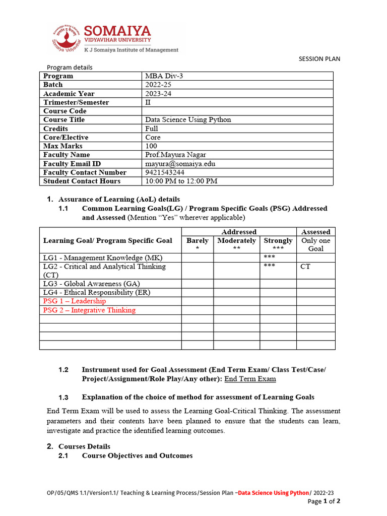 Data Science Using Python Session Plan | PDF | Parameter (Computer ...