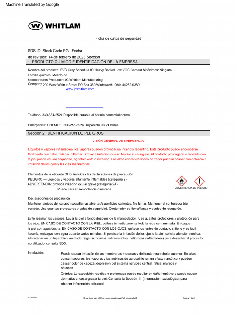 PGL PVC Gray Schedule 80 Heavy Bodied Low VOC Cement SDS (1) PDF