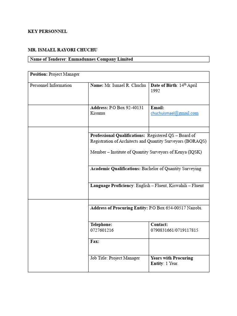 KEY PERSONNEL - Water Reticulation in Timau 2 | PDF | Specification ...