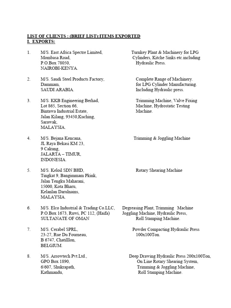 Industrial Export Clients List | PDF | Mechanical Engineering