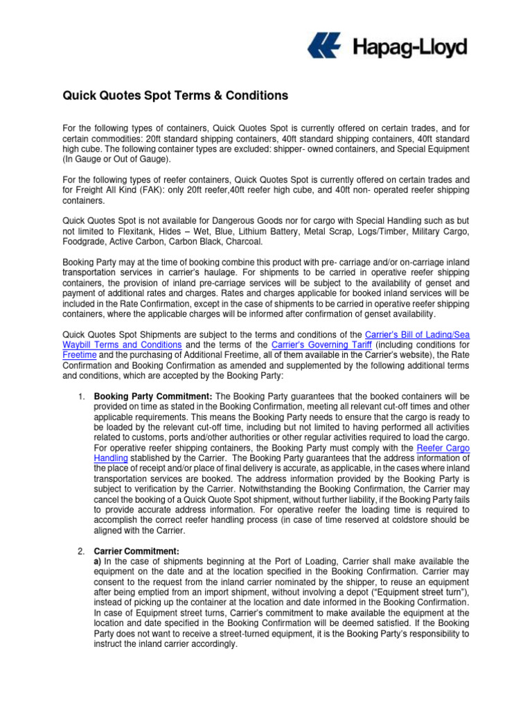 Quick Quotes Spot Terms & Conditions | PDF | Cargo | Freight Transport