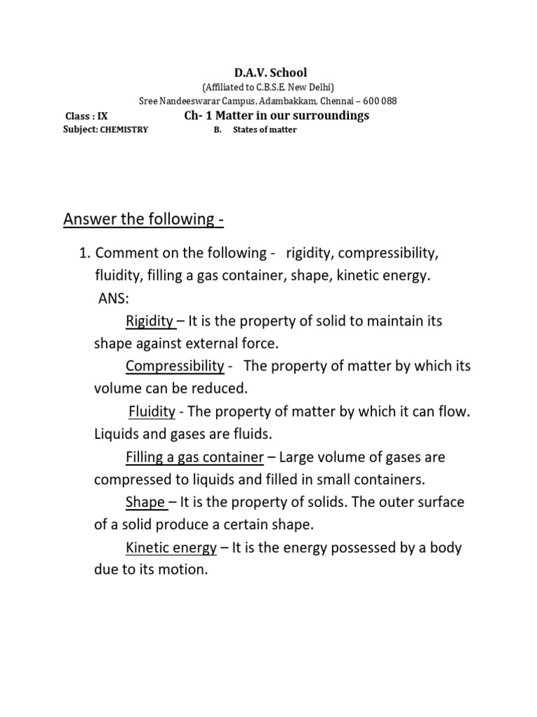 9 Chemistry Chapter 1 Part B Notes 1624285704 | PDF | Gases | Liquids
