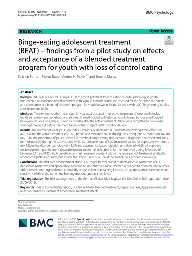 Binge Eating Adolescent Treatment Beat Findings From A Pilot Study