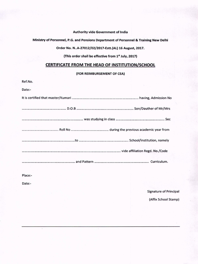 Certificate For Fee Reimbursement PDF