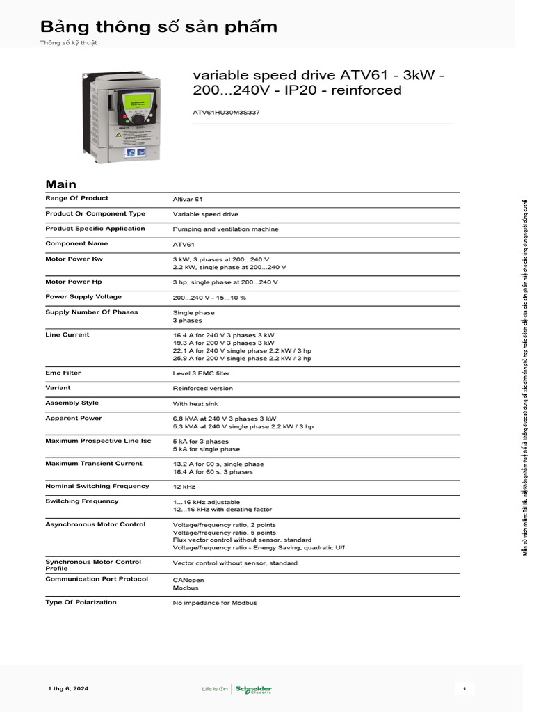 ATV61 Variable Speed Drive 3kW IP20 | PDF | Power Supply | Bit Rate