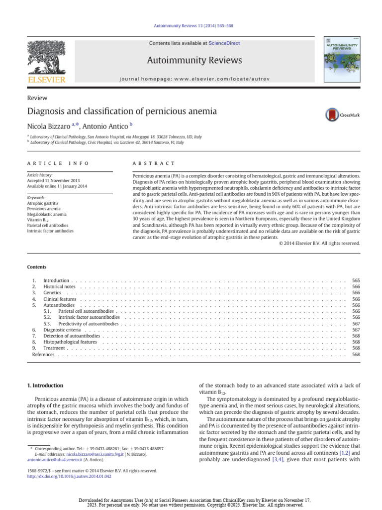 Diagnosis and Classification of Pernicious Anemia | PDF | Vitamin B12 ...