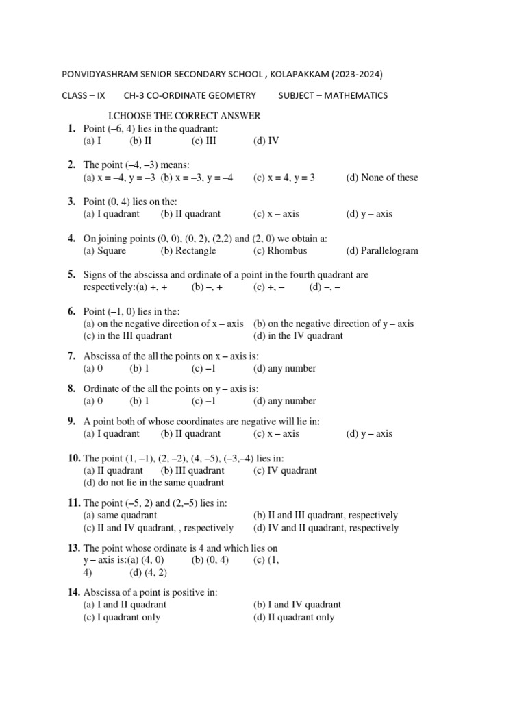 Class 9 ch 3 ws1 pdf cartesian coordinate system elementary