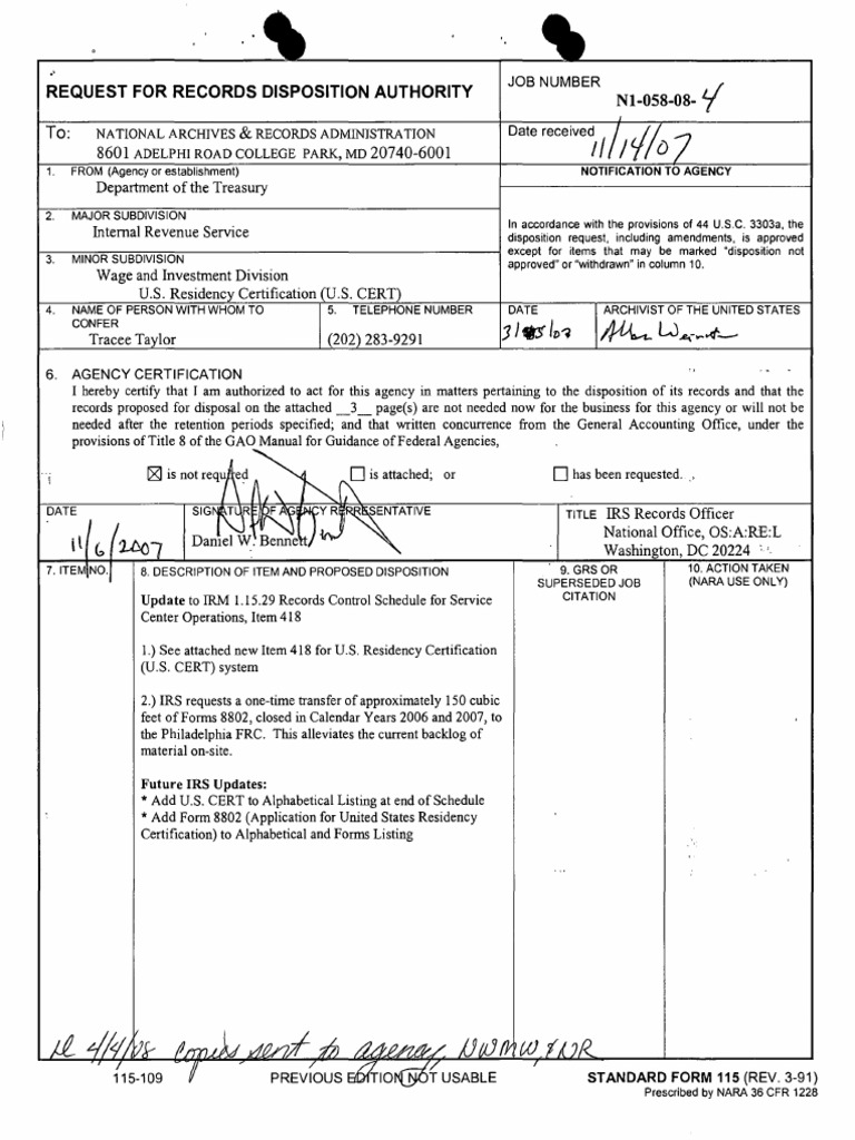 IRS Records Disposition Authority Request | PDF | Taxes | Value Added Tax