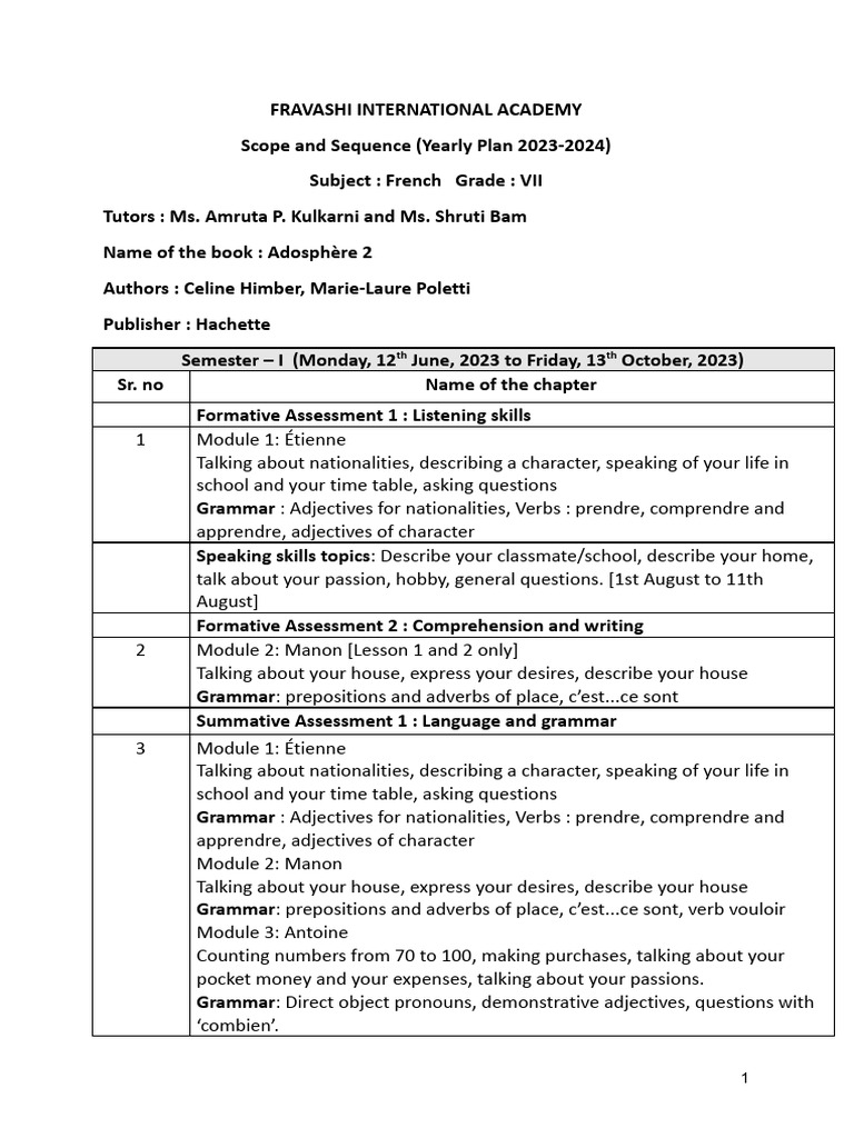 French grade vii scope and sequence 2023 2024 pdf adverb verb