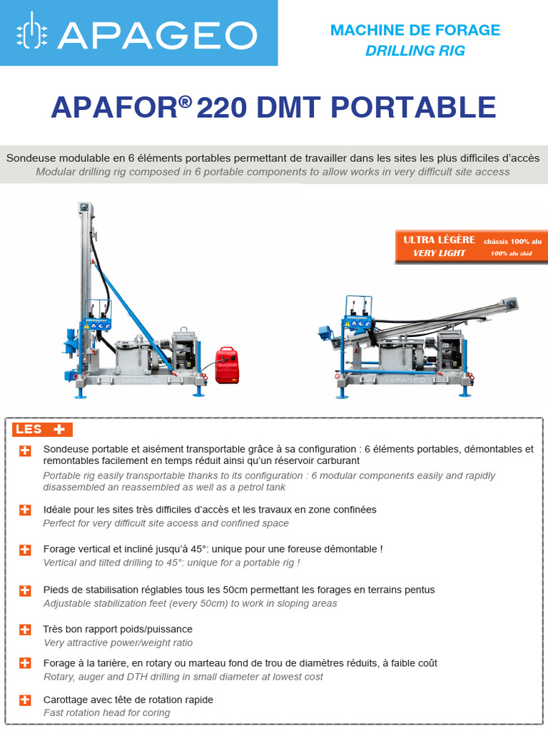 Fiche Technique Foreuse Apafor 220 DMT Portable | PDF | Forage | Moteur ...