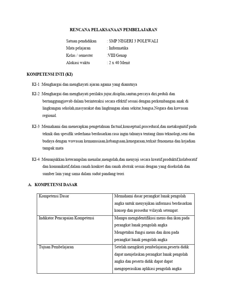 RPP Informatika Kelas 8 Semester 2 | PDF