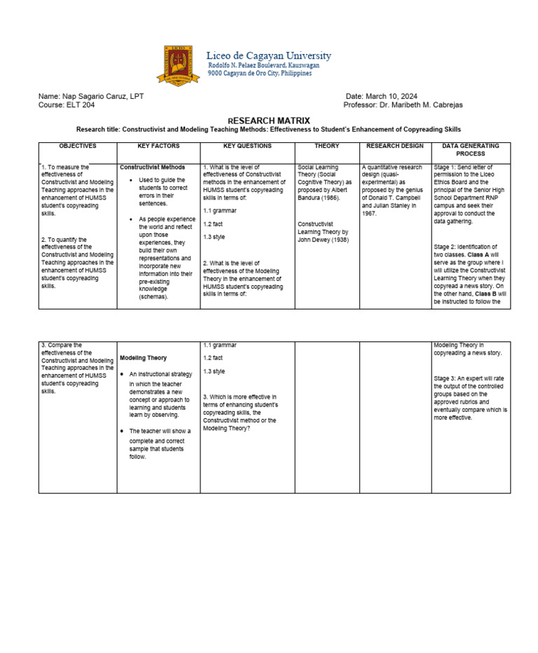 Caruz N - Research Matrix Elt 204 | PDF | Constructivism (Philosophy Of ...