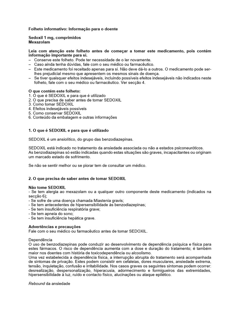 Uso e Precauções do Sedoxil 1mg | PDF | Gravidez | Benzodiazepina
