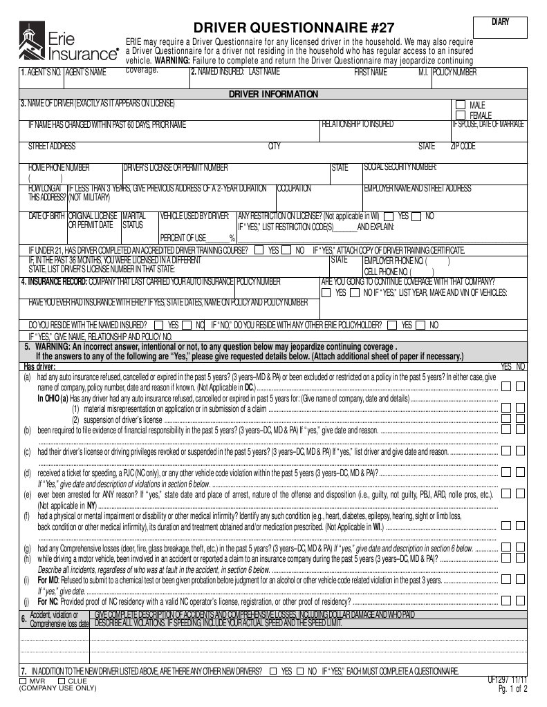 Erie Driver Questionnaire Requirements | PDF | Fraud | Insurance