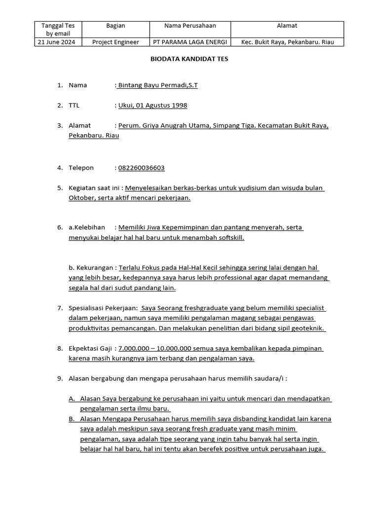 Biodata Kandidat PT Parama Laga Energi | PDF | Bisnis