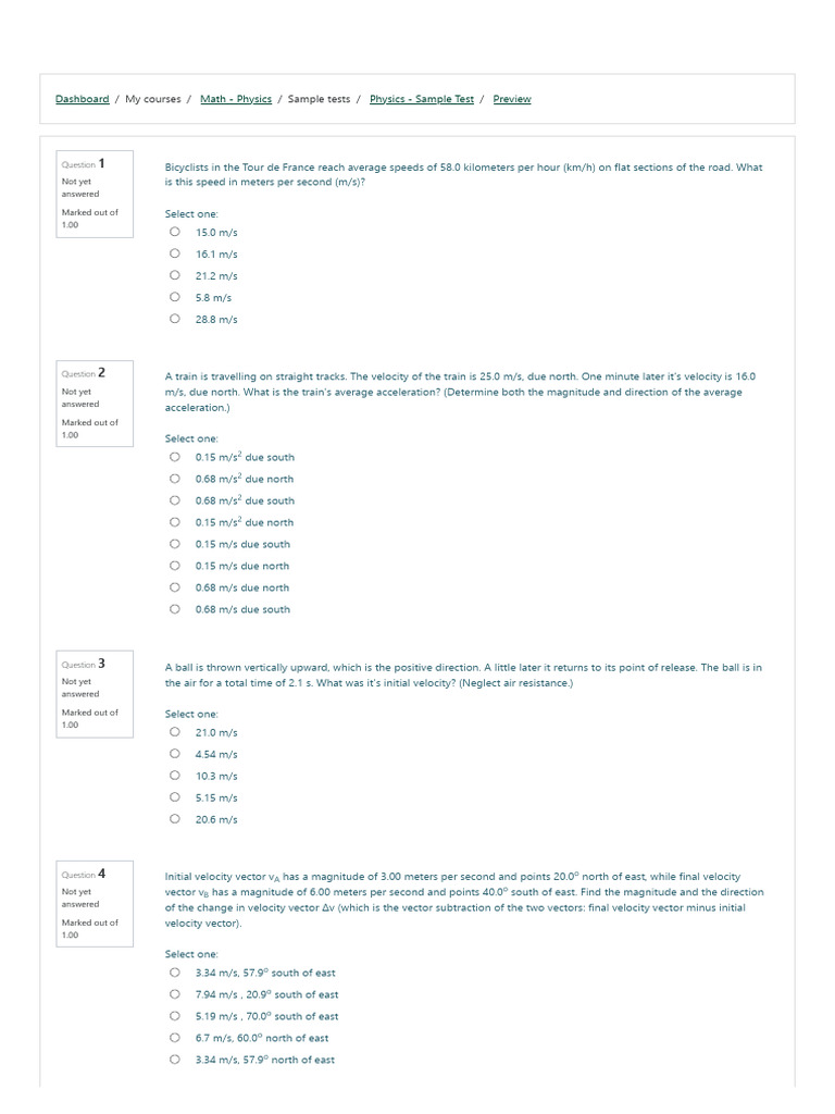 Physics Sample Test Questions | PDF | Force | Acceleration