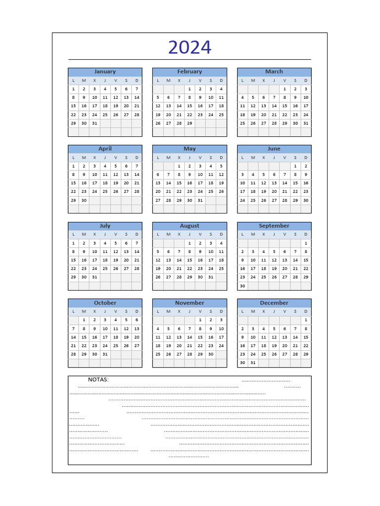 Calendario 2024 Excel Lunes A Domingo | PDF