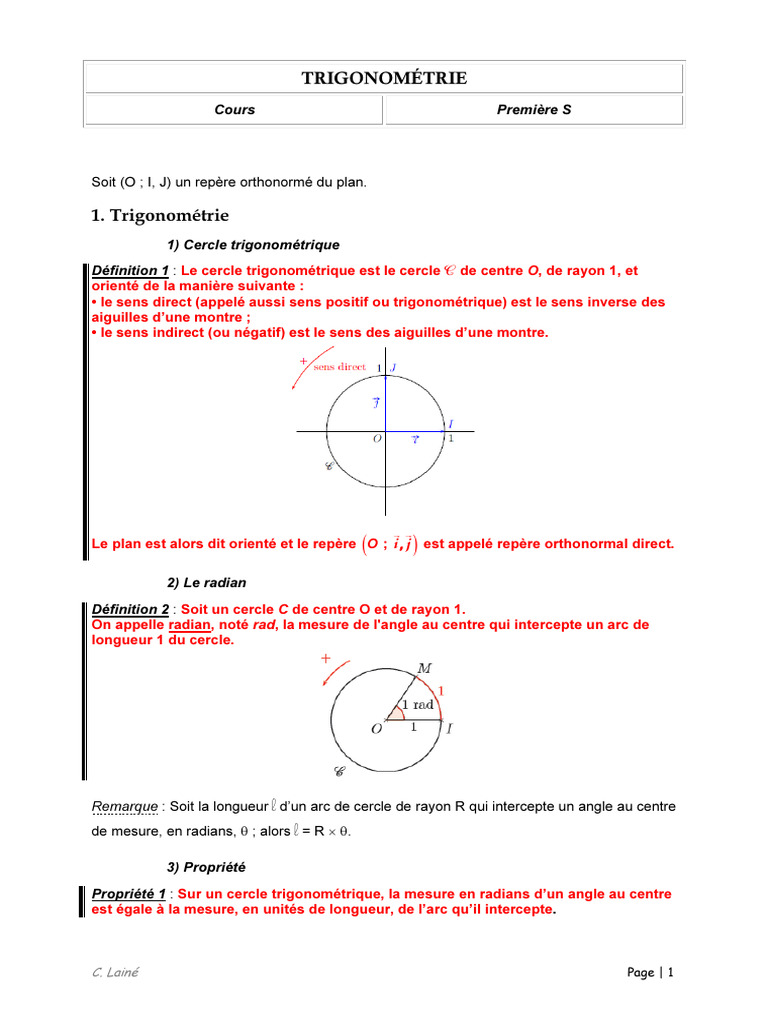 Cours de Trigonométrie en Première S PDF Angle Fonction — free download