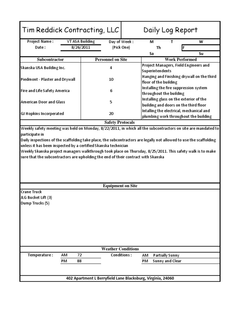 8-26-11 Daily Log Report (Reddick Construction) | PDF